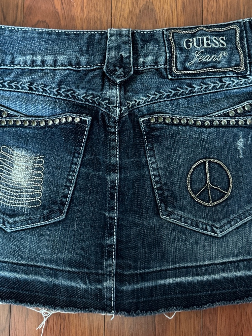 Guess Dark Blue Distressed Denim Mini Skirt with Stud Trim
